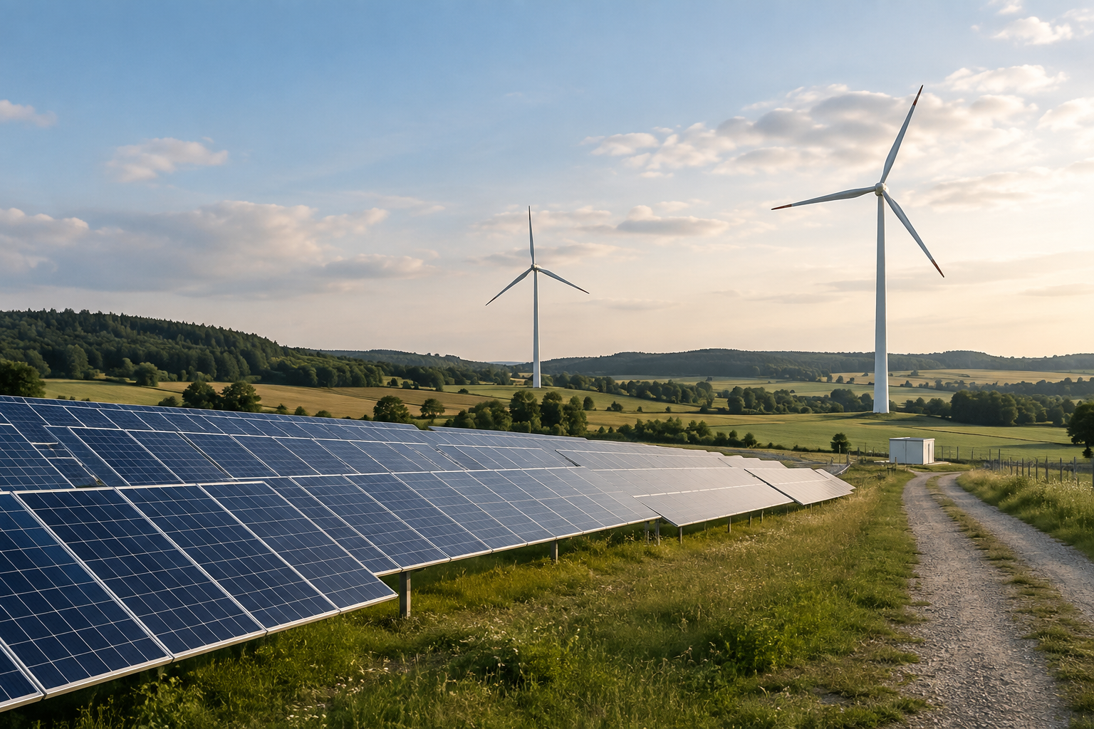 Photovoltaikanlage und Windräder in einer hügeligen Landschaft