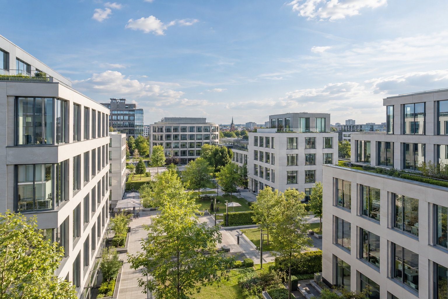 Gewerbeimmobilien mit begrünten Innenhöfen