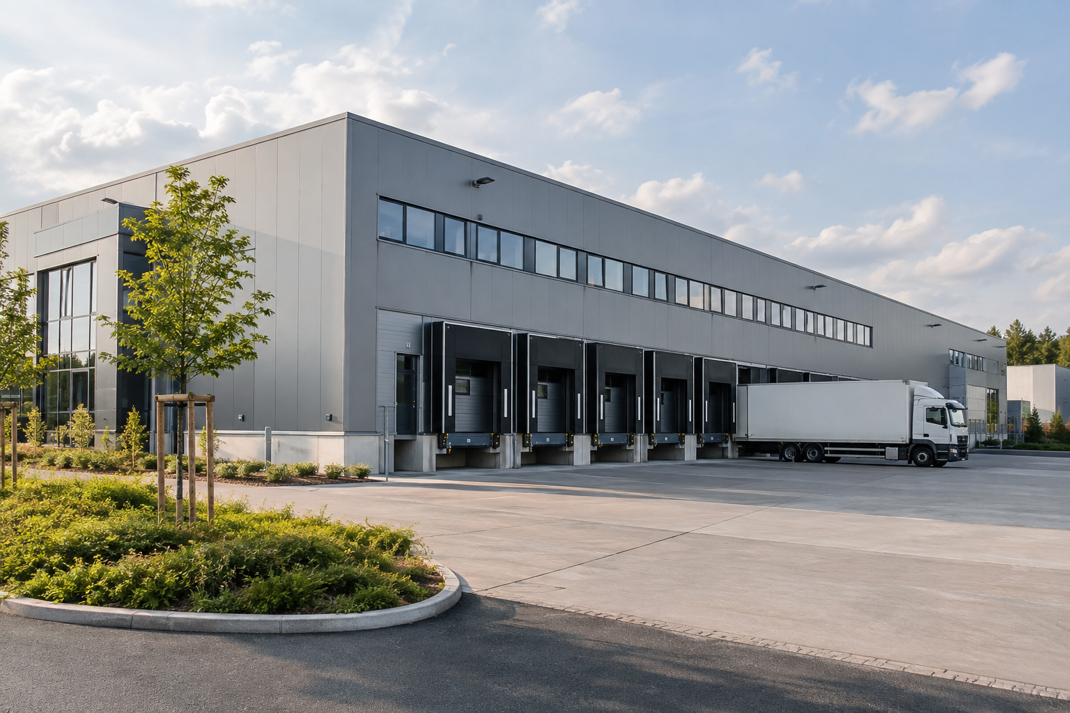 Logistikhalle mit Ladebereichen und Zufahrt