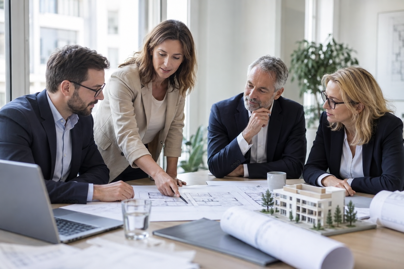 Vier Personen besprechen ein Immobilienprojekt anhand von Plänen
